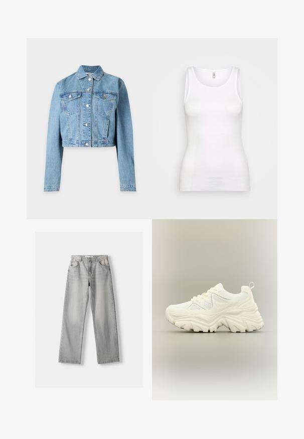 Lyseblå cropped denimjakke med lange ærmer, knappelukning foran og to brystlommer med knapper.; Hvid, ribbet top med rund udskæring og brede stropper, der har en slank pasform, som følger kroppens konturer. Ingen synlige mønstre eller detaljer.; Lys grå denim jeans med lige pasform, der har to frontlommer, en knappelukning og diskrete slidser for tekstur.; Hvid chunky sneaker med tyk tekstureret sål, mesh paneler, snørelukning foran og trækstrop ved hælen på en neutral baggrund.