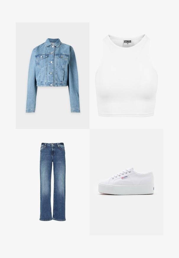 Hellblaue kurz geschnittene Jeansjacke mit langen Ärmeln, Knopfleiste vorne und zwei aufgesetzten Brusttaschen mit Knöpfen.; Weißes geripptes Crop-Top mit hohem Kragen und dem Etikett "Urban Classics XS" innen am Kragen.; Weite blaue Denim-Jeans mit einem verblassten Waschung, Knopfverschluss und Fünf-Taschen-Design. Merkmale sind gerade und lockere Passform.; Weiße Leinenschuhe mit einer dicken weißen Plattformsohle, runder Zehenpartie und Metallösen für die Schnürsenkel. Markenlogo an der Seite angebracht.