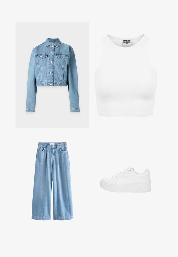 Lichtblauw cropped spijkerjack met lange mouwen, knoopsluiting aan de voorkant en twee borstzakken met knopen.; Witte geribde cropped tanktop met hoge halslijn en "Urban Classics XS" label aan de binnenkant van de kraag.; Lichtblauwe denim palazzo jeans met wijde benen, voorzien van een hoge taille, voorkruipen en een knoopsluiting. Subtiele vervaagde textuur.; Witte plateau sneaker met veters aan de voorkant, geperforeerde zijkanten en dikke zool, weergegeven vanaf de buitenkant op een witte achtergrond.