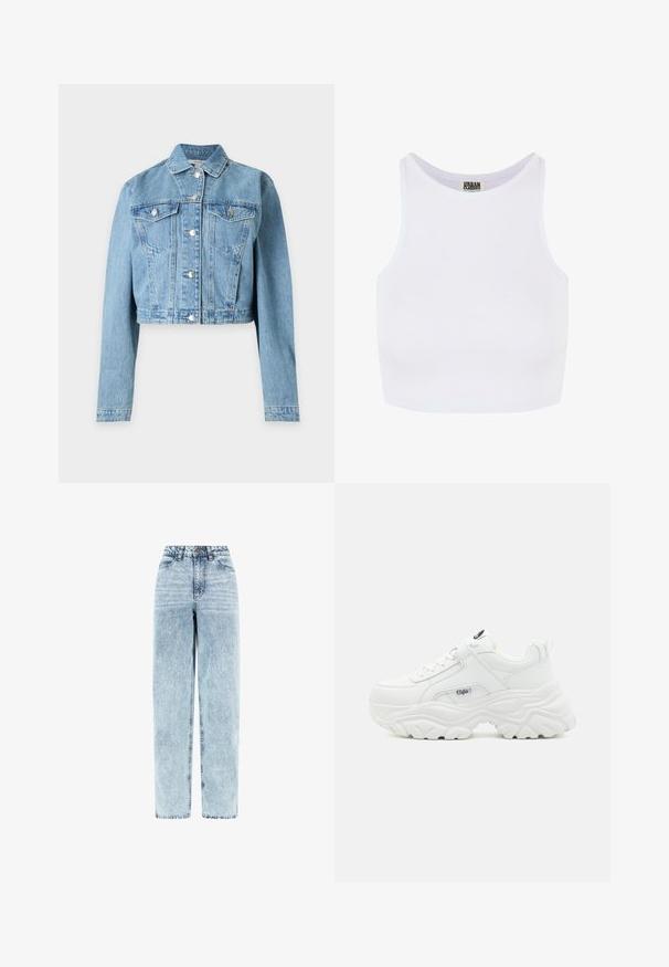 Veste en jean bleu clair raccourcie, manches longues, fermeture à boutons sur le devant et deux poches poitrine à boutons.; Débardeur court blanc à côtes avec de larges bretelles et un col rond. Il présente une texture douce et un design minimaliste sans motifs.; Jean taille haute en denim bleu clair délavé, coupe droite, bouton et fermeture éclair à l’avant, poches avant.; Des sneakers blancs chunky avec un dessus en cuir lisse, un bout rond et une semelle épaisse texturée avec un logo de marque visible sur le côté.