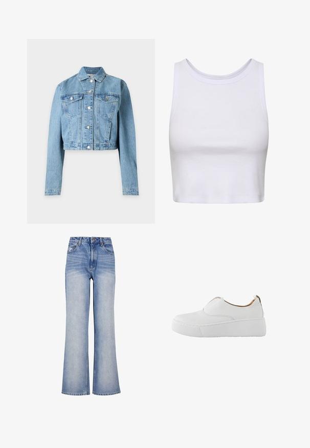 Lyseblå cropped denimjakke med lange ærmer, knappelukning foran og to brystlommer med knapper.; Hvid crop-top lavet af ribbet stof, med en rund halsudskæring og ærmeløs design samt en figursyet silhuet. Ingen mønstre eller detaljer.; Lys blå denim bred-benede jeans har høj talje, knaplukning, diskret slidmærker og et klassisk fem-lomme design.; Hvid slip-on sneaker med tyk platformsål og rundet tå, designet til afslappet brug.
