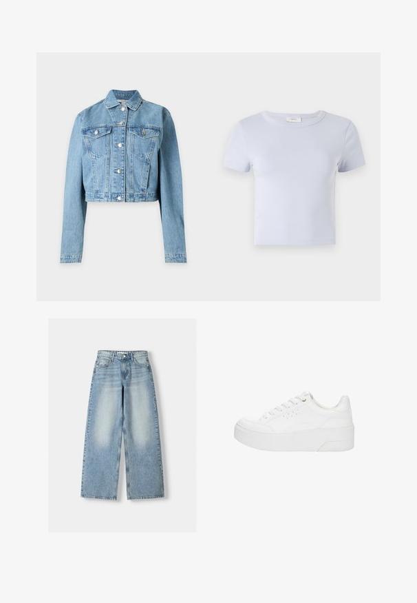 Lichtblauw cropped spijkerjack met lange mouwen, knoopsluiting aan de voorkant en twee borstzakken met knopen.; Lichtblauw T-shirt met korte mouwen en ronde hals, gemaakt van zachte stof; heeft een slim fit ontwerp en subtiele stikdetails.; Lichtblauwe denim wijde jeans met een hoge taille, met een vervaagde afwerking, vijf zakken en een rechte cut.; Witte plateau sneaker met veters aan de voorkant, geperforeerde zijkanten en dikke zool, weergegeven vanaf de buitenkant op een witte achtergrond.
