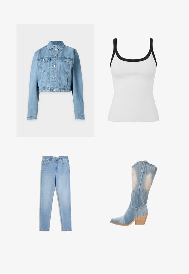 Lichtblauw cropped spijkerjack met lange mouwen, knoopsluiting aan de voorkant en twee borstzakken met knopen.; Witte geribbelde tanktop met een zwarte vierkante halslijn en zwarte schouderbanden, aansluitende stijl, mouwloos.; Lichtblauwe denim jeans met een slim fit, een klassieke vijf-pocket stijl en een middelhoge taille met subtiele vervaging overal.; Leren cowboylaarzen in lichtblauw met een spitse neus, textuur op de bovenkant en decoratieve gouden stiksels. Licht gebogen houten hak.