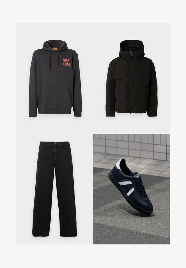 Zwarte winterjas met een capuchon, voorzien van een ritssluiting aan de voorkant, elastische trekkoorden en een gewatteerd ontwerp voor isolatie. Soepele textuur.; Grijze hoodie met een kangoeroezak, een capuchon met trekkoord en oranje "RIDE THE RAILS" tekst op de borst. Zacht materiaal met een gladde textuur.; Zwarte denim jeans met een recht model, vijf zakken en een knoopsluiting. Gestructureerde stof en minimalistische esthetiek.; Zwarte leren sneaker met witte strepen, een gestructureerde rubberen zool en vetersluiting aan de voorkant. Voorzien van een merklabel op de tong.