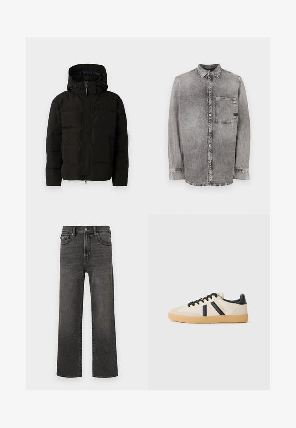 Zwarte winterjas met een capuchon, voorzien van een ritssluiting aan de voorkant, elastische trekkoorden en een gewatteerd ontwerp voor isolatie. Soepele textuur.; Grijze denim knopsluiting overhemd, lange mouwen, stof van gemiddelde dikte, enkele borstzak, vervaagde afwerking met contrasterende knopen, klassieke kraag.; Rechtaflopende zwarte vervaagde jeans met voorkwab- en muntzakken, met knoop- en ritssluiting, weergegeven tegen een witte achtergrond.; Casual sneakers in crème met zwarte strepen, voorzien van een gestructureerde bovenkant en een gumrubberen zool. Veters zijn zwart. Subtiel logo aan de zijkant.