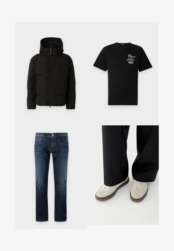 Schwarze Puffjacke mit Kapuze, ausgestattet mit einem Frontreißverschluss, elastischen Kordelzügen und gestepptem Design für Isolierung. Glatte Textur.; Schwarzes Baumwoll-T-Shirt mit kurzen Ärmeln, das auf der linken Brust ein weißes "Chrome and Leather"-Grafikdesign und den Markennamen "REPLAY" zeigt.; Dunkelblaue Jeans aus Denim mit einem klassischen geraden Bein Design, ausgestattet mit fünf Taschen, einem Knopfverschluss vorne und dezenten Steppnähten.; Füße mit beigen Sneakers mit braunen Sohlen und schwarzen Hosen mit weitem Bein auf weißem Hintergrund.
