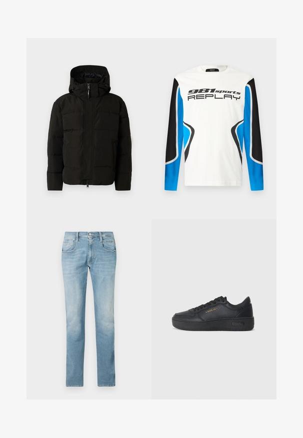Chaqueta acolchada negra con capucha, que incluye un cierre frontal, cordones elásticos y un diseño acolchado para aislamiento. Textura suave.; Camisa deportiva de manga larga con el frente blanco, paneles de mangas en negro y azul, y el logotipo "981 sports REPLAY" impreso en el pecho.; Jeans de denim azul claro con un diseño de pierna recta, estilo de cinco bolsillos y un acabado desgastado. Cuenta con un cierre frontal de botón y cremallera.; Replay EPIC HIGH - Zapatillas - black