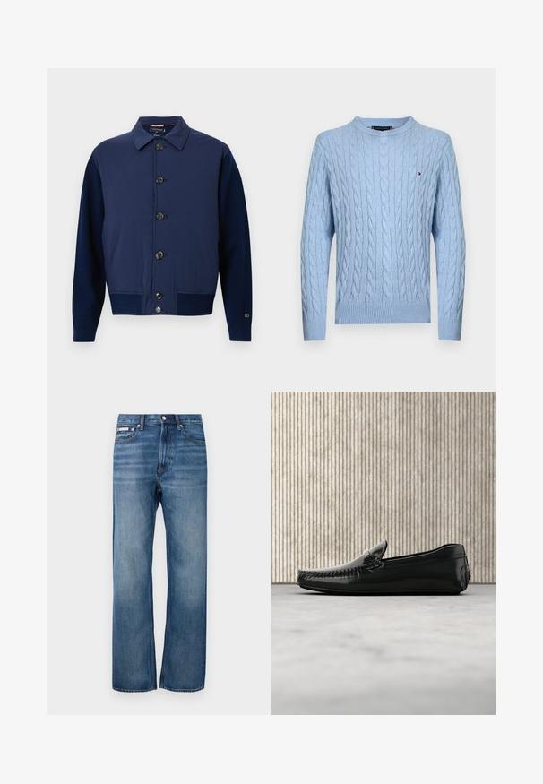 Marineblaue Jacke mit einem kragenlosen Ausschnitt, Vorderknopfverschluss und unterschiedlichen Stoffstrukturen an den Ärmeln und am Körper, sowie seitlichen Taschen.; Hellblauer Strickpullover mit Zopfmuster und langen Ärmeln, mit gerippten Bündchen und Saum, mit einem kleinen Tommy Hilfiger Logo auf der Brust.; Blaue gerade Denim-Jeans mit leichter Ausbleichung, vorderem Knopfverschluss und einem kleinen Logotag auf der rechten Vordertasche.; Schwarze Lederloafers mit glänzender Oberfläche, runder Zehenpartie und dekorativem Metallbesatz an der Front. Flache Gummisohle. Glatte Textur.
