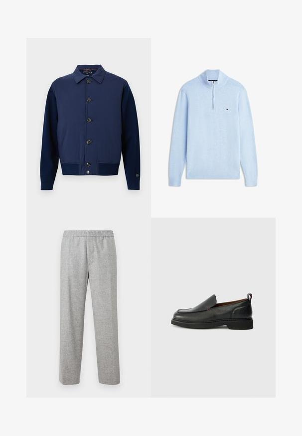 Veste bleu marine avec un col, fermeture à boutons sur le devant, et différentes textures de tissu sur les manches et le corps, avec des poches latérales.; Pull léger bleu clair à manches longues avec une demi-fermeture éclair et un petit logo Tommy Hilfiger brodé sur le côté gauche de la poitrine.; Pantalons en tissu texturé gris clair, avec une taille élastique. Design à jambe droite, sans poches visibles ni détails matériels.; Chaussure slip-on en cuir noire avec un bout rond, un dessus texturé, des coutures rouges contrastantes et un petit talon. Présente une languette en boucle.