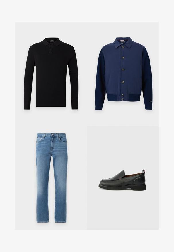 Veste bleu marine avec un col, fermeture à boutons sur le devant, et différentes textures de tissu sur les manches et le corps, avec des poches latérales.; Polo-shirt noir à manches longues avec une texture côtelée, patte de boutonnage à trois boutons et un col doux. Design simple et polyvalent.; Jean en denim bleu clair avec des jambes droites, cinq poches et un système de fermeture devant avec un bouton en métal. Décoloration visible sur les cuisses et l'ourlet.; Chaussure slip-on en cuir noire avec un bout rond, un dessus texturé, des coutures rouges contrastantes et un petit talon. Présente une languette en boucle.