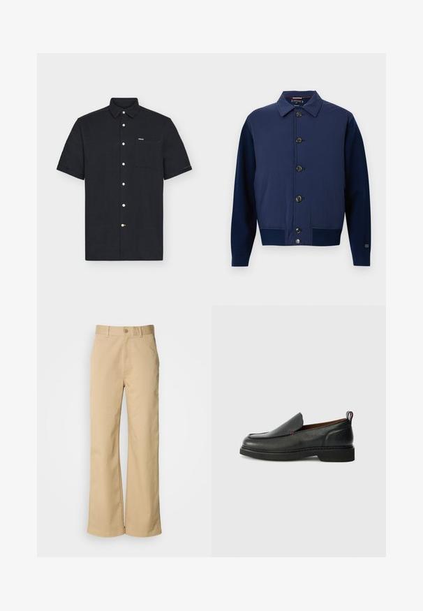 Veste bleu marine avec un col, fermeture à boutons sur le devant, et différentes textures de tissu sur les manches et le corps, avec des poches latérales.; Chemise noire à manches courtes avec boutons, avec une poche poitrine avant et une petite étiquette logo sur fond blanc uni.; Pantalon large beige en mélange coton. Fermeture par bouton et passants de ceinture. Texture lisse, avec des détails de couture minimaux.; Chaussure slip-on en cuir noire avec un bout rond, un dessus texturé, des coutures rouges contrastantes et un petit talon. Présente une languette en boucle.