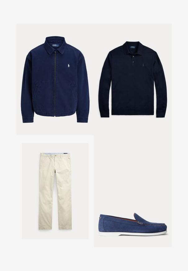 Donkerblauw jack met rits en kraag, twee voorzakken en klein wit geborduurd logo op de linkerborst.; Marineblauw poloshirt met lange mouwen, kraag, twee knopen en klein geborduurd logo op de linkerborst.; Beige katoenen broek met rechte pijpen, riemlussen, voorste knoop, ritssluiting en zijzakken.; Blauwe suède loafer met witte zool en beige stiksels langs de bovenrand, afgebeeld tegen een effen witte achtergrond.