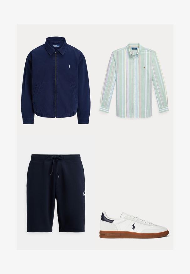 Veste zippée bleu marine avec col, deux poches avant et petit logo blanc brodé sur la poitrine gauche.; Chemise à manches longues boutonnée avec des rayures verticales pastel en vert, bleu, rose et jaune, dotée d'un col et du logo Polo Ralph Lauren sur la poitrine.; Shorts de sport en coton bleu marine avec taille élastique, cordon de serrage et logo sur le côté gauche. Texture lisse, longueur au genou.; Baskets basses blanches avec semelle marron, patch noir au talon, logo brodé d’un joueur de polo, et lacets blancs.