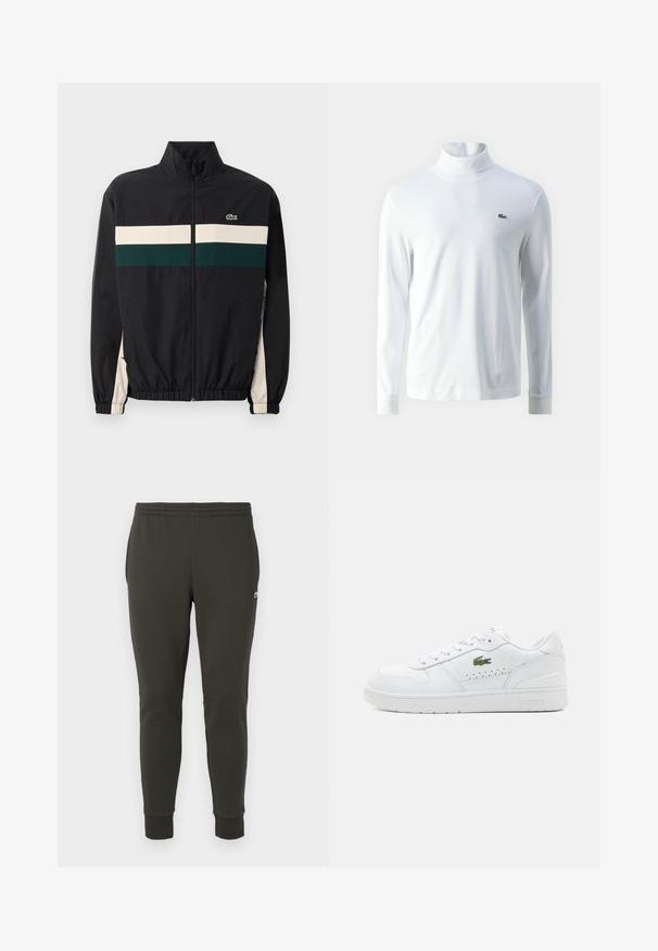 Zwarte jas met een hoge kraag, met groene en crème horizontale strepen. Het materiaal lijkt lichtgewicht; bevat elastische manchetten en een logo.; Witte lange mouw turtleneck shirt van zachte stof, met een klein groen geborduurd logo op de borst en aansluitende manchetten.; Donkergroene joggingsbroek van zacht stof, met een elastische tailleband, geribde boorden en een klein logo op de zijkant.; Witte leren sneakers met geperforeerde accenten, platte veters en een klein groen logo aan de zijkant. Rubberen zool en gewatteerde kraag voor comfort.