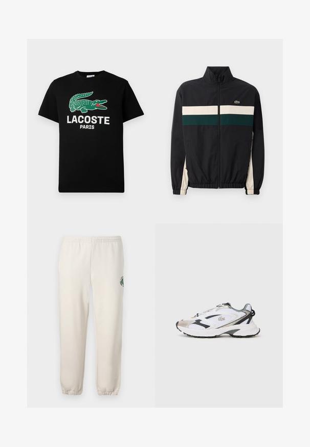Zwarte jas met een hoge kraag, met groene en crème horizontale strepen. Het materiaal lijkt lichtgewicht; bevat elastische manchetten en een logo.; Zwarte katoenen t-shirt met een groen krokodillenlogo en de tekst "LACOSTE PARIS" in het wit. Korte mouwen en een klassieke ronde hals.; Lichtbeige sweatpants van katoen, met een elastische tailleband, geribde boorden en een groen logo met een bladerenontwerp op het linkerpand.; Witte sportschoen met zilveren en zwarte accenten, een bovenwerk van mesh, een gestructureerde zool en een gestroomlijnd ontwerp met een logo aan de zijkant.
