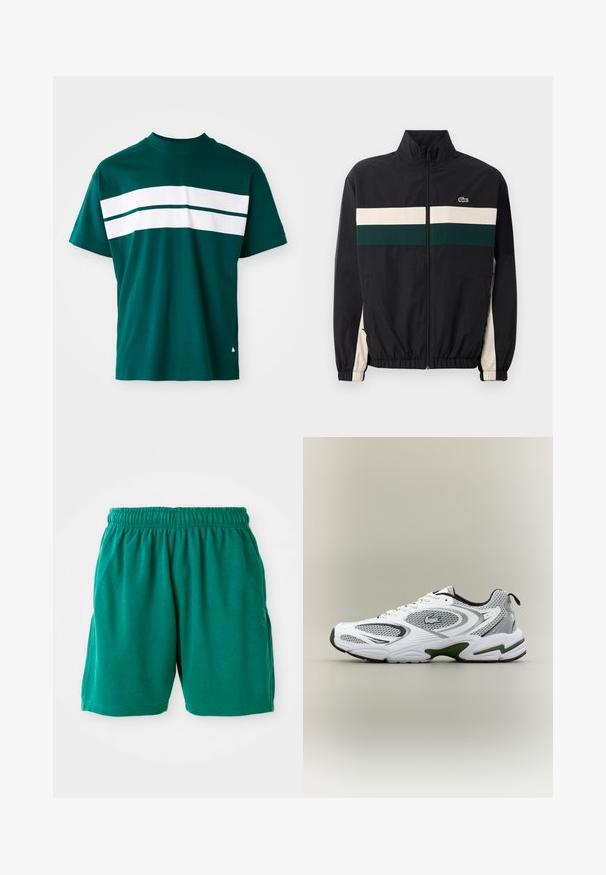 Zwarte jas met een hoge kraag, met groene en crème horizontale strepen. Het materiaal lijkt lichtgewicht; bevat elastische manchetten en een logo.; Teal katoenen t-shirt met een ronde hals, korte mouwen en horizontale witte strepen over de borst. Licht getailleerde pasvorm.; Groene katoenen shorts met een elastische tailleband, zijzakken en gestikte zoom. Gladde textuur met een ontspannen, casual pasvorm.; Witte en grijze sportieve hardloopschoen met meshpanelen, groene accenten, zwarte details en een logo aan de zijkant, getoond vanaf de buitenkant.
