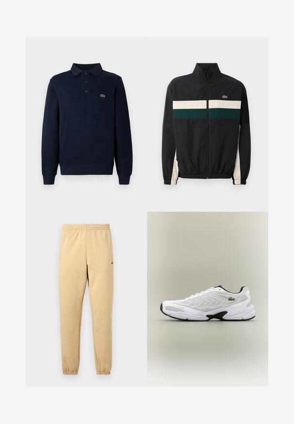 Zwarte jas met een hoge kraag, met groene en crème horizontale strepen. Het materiaal lijkt lichtgewicht; bevat elastische manchetten en een logo.; Marineblauwe lange mouwen polo shirt met knoopsluiting en klein groen krokodillenlogo op de borst.; Beige joggerbroek met elastische tailleband en boorden, met een klein groen krokodillenlogo geborduurd op de rechterdij.; Witte sportieve schoen met een textuur van gaas bovenwerk, gebogen ontwerp en contrasterende zwarte zool. Heeft een groen geborduurd logo aan de zijkant.