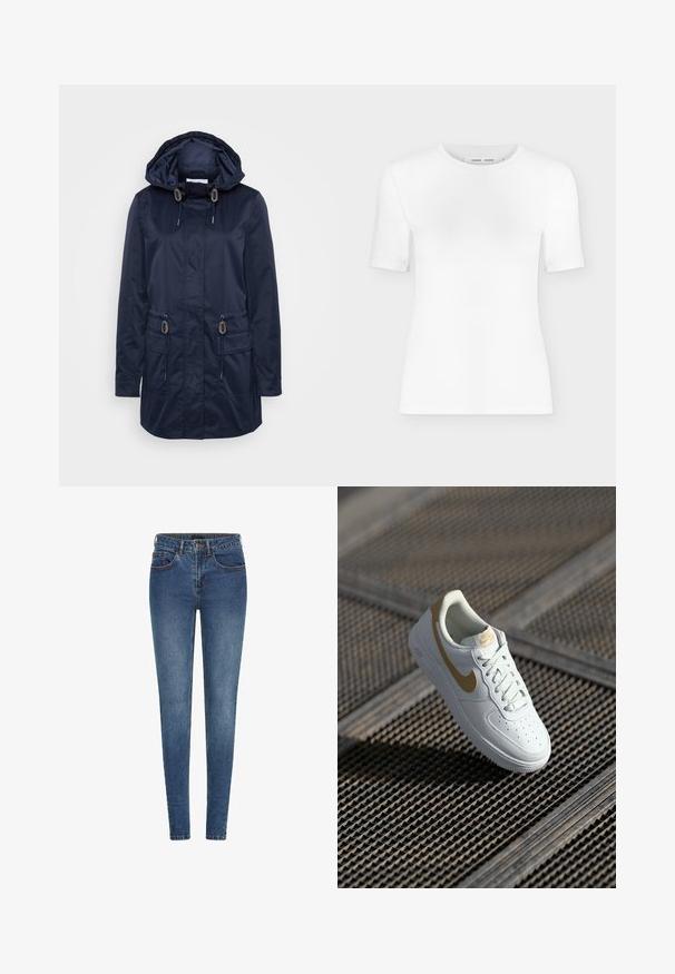 Navy wasserdichte Jacke mit Kapuze, zwei Fronttaschen, verstellbaren Kordeln, glatter Textur und silberfarbenen Hardware-Akzenten.; Weißes T-Shirt mit kurzen Ärmeln und Rundhalsausschnitt, schlanker Passform und gerippter Stoffstruktur, dargestellt vor einem schlichten hellgrauen Hintergrund.; Schlanke Jeans aus dunkelblauem Denim, mit mittelhohem Bund, fünf Taschen und kontrastierenden Nähten. Glatte Textur mit leichtem Stretch.; Weiße Leder-Sneaker mit goldenen Akzenten, runder Spitze, perforiertem Design im Zehenbereich und flachen Schnürsenkeln. Mit 'Air'-Markierung an der Sohle.