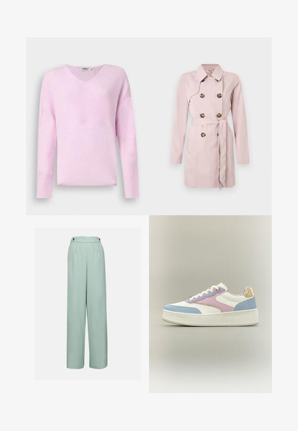 Lyserød trenchcoat med lange ærmer, dobbeltradet front, store brune knapper og et matchende bælte i taljen. Glat stoftekstur.; Blød striktrøje i pastelrosa med lange ærmer og V-udskæring, vist fladt mod en ensfarvet baggrund.; Lysgrønne vide bukser lavet af glat stof, med høj talje, stikninger og dekorative knapper på taljebåndet.; Hvid platform-sneaker med pastelfarvede paneler i blå, pink og lavendel, hvide snørebånd og metalisk guldet detalje på hælen mod ensfarvet baggrund.