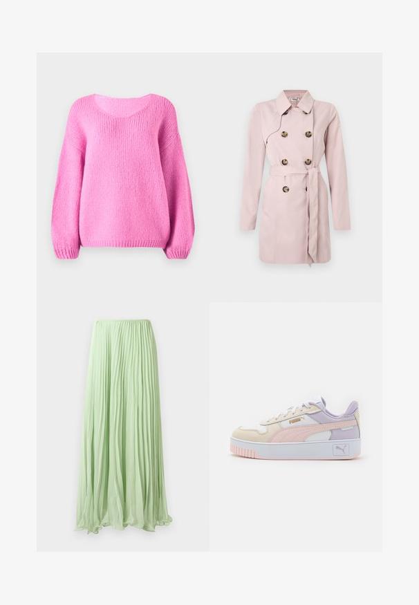 Lyserød trenchcoat med lange ærmer, dobbeltradet front, store brune knapper og et matchende bælte i taljen. Glat stoftekstur.; Lyserød strikket sweater med rund halsudskæring, brede ærmer og ribbede manchetter. Blød tekstur og afslappet pasform.; Lys grøn plisseret lang skirt lavet af let stof med elastisk talje, præsenteret mod en hvid baggrund.; Herresneakers i creme, pink og lavendel, fremstillet af syntetisk læder, med hvide snørebånd, en tyk hvid sål og guld logo accenter.