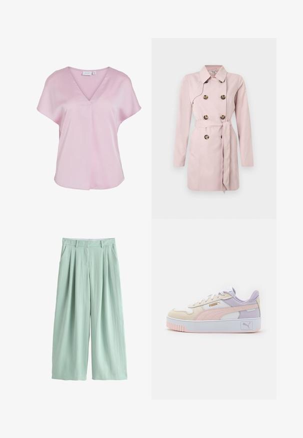 Lyserød trenchcoat med lange ærmer, dobbeltradet front, store brune knapper og et matchende bælte i taljen. Glat stoftekstur.; Lyserød kortærmet bluse med V-udskæring og løs pasform, lavet af glat stof, med en lille frontplisse-detalje.; Lysegrønne bukser med vide ben, frontlige læg, bæltestropper, sidelommer og skjult frontlukning.; Herresneakers i creme, pink og lavendel, fremstillet af syntetisk læder, med hvide snørebånd, en tyk hvid sål og guld logo accenter.