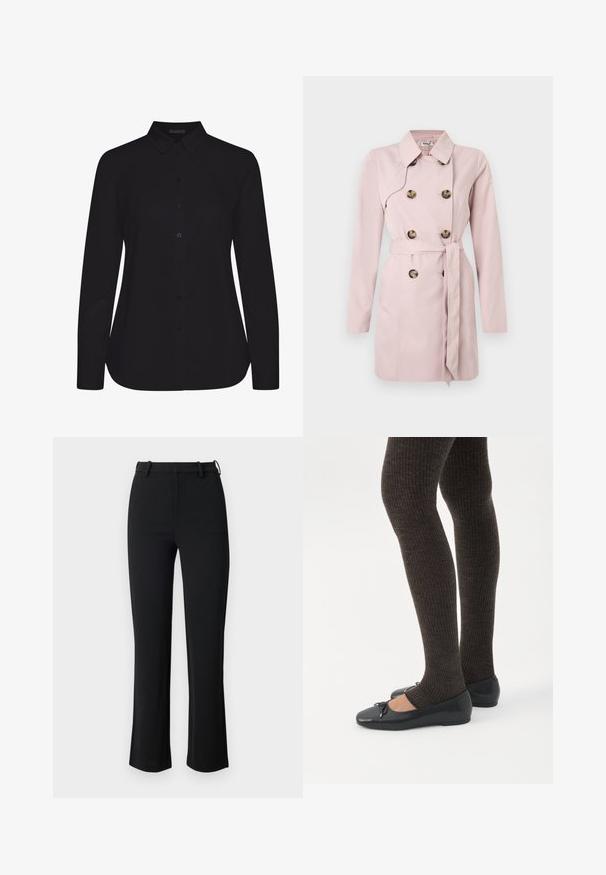 Lyserød trenchcoat med lange ærmer, dobbeltradet front, store brune knapper og et matchende bælte i taljen. Glat stoftekstur.; Sort langærmet skjorte lavet af glat stof, med krave, front knaplukning og lige kant.; Sorte bukser lavet af et glat, strækbart stof, med en tætsiddende talje, bæltesløjfer og let flared ben med sideslids.; Ben iført mørke ribbede leggings kombineret med sorte balletsko med små sløjfedetaljer på hvid baggrund.