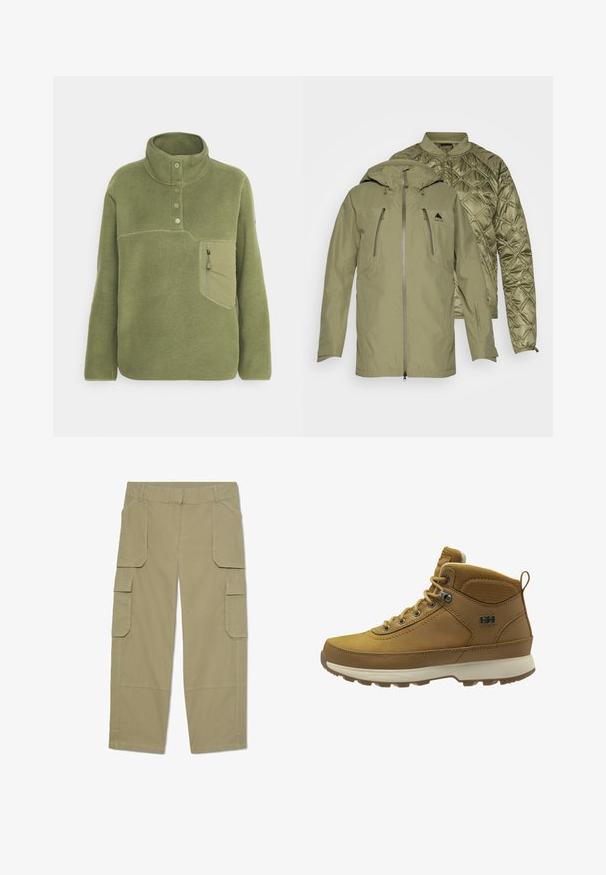 Groene buitenjack met een afneembare gewatteerde binnenlaag, ritszakken en een verstelbare capuchon. Gestructureerde buitenlaag en gladde voering.; Olijfgroene fleece trui met een hoge kraag, drie knopen en een ritszak op de borst. Zachte textuur met contrasterende stikdetails.; Khakikleuren cargobroek met meerdere klepzakken aan de voorkant en zijkanten, rechte pijpen en riemlussen in de taille.; Bruine waterdichte wandelschoen met een gladde leren bovenkant, gaasaccenten, een gestructureerde kraag, metalen veteroogjes en een rubberen buitenzool voor grip.