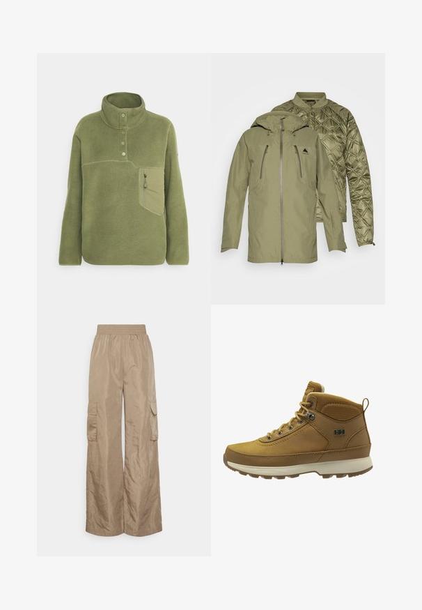 Chaqueta exterior verde con una capa interna acolchada removible, bolsillos con cremallera y capucha ajustable. Confección exterior texturizada y forro suave.; Sudadera de forro polar verde oliva con un cuello alto, tres botones y un bolsillo en el pecho con cremallera. Textura suave con detalles de costura en contraste.; Even&Odd Tall by Zalando Pantalones cargo - beige; Botas de senderismo impermeables de color marrón con una parte superior de cuero suave, acentos de malla, cuello texturizado, ojales de metal y suela de goma para tracción.