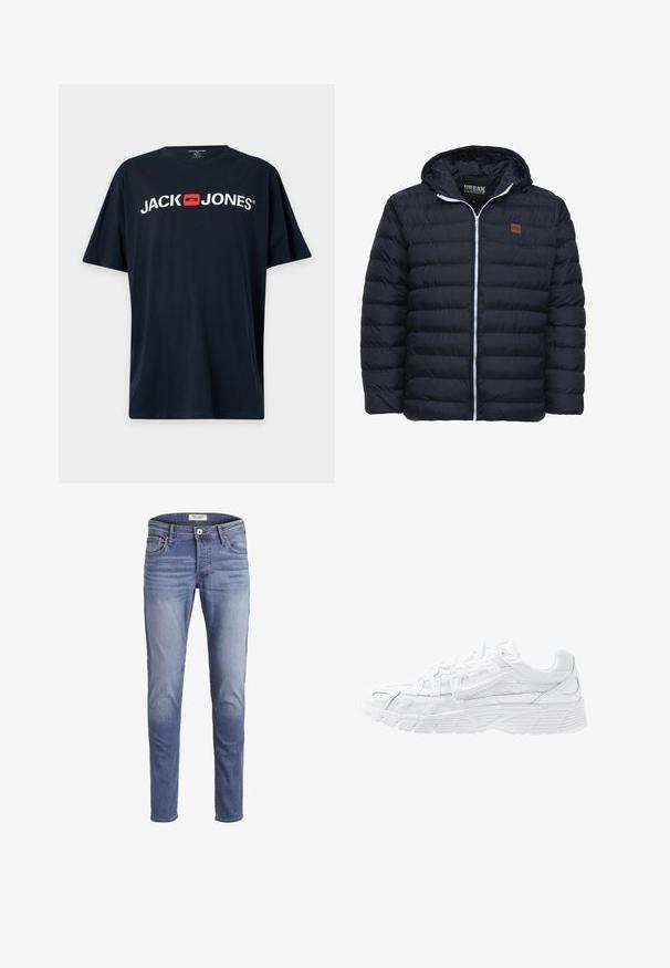 Marinblå puffjakke med lynlås foran, hætte og syede paneler. Har et brunt logo patch og hvid lynlås. Blød tekstur.; Sort T-shirt med korte ærmer med hvid "JACK JONES" tekst og et rødt firkantet logo centreret på brystet.; Smalpassende blå jeans lavet af denim, med en falmet vask, fem lommer og en lynlås i front med knaplukning.; Nike Sportswear P 6000 - Sneakers - white/platinum tint