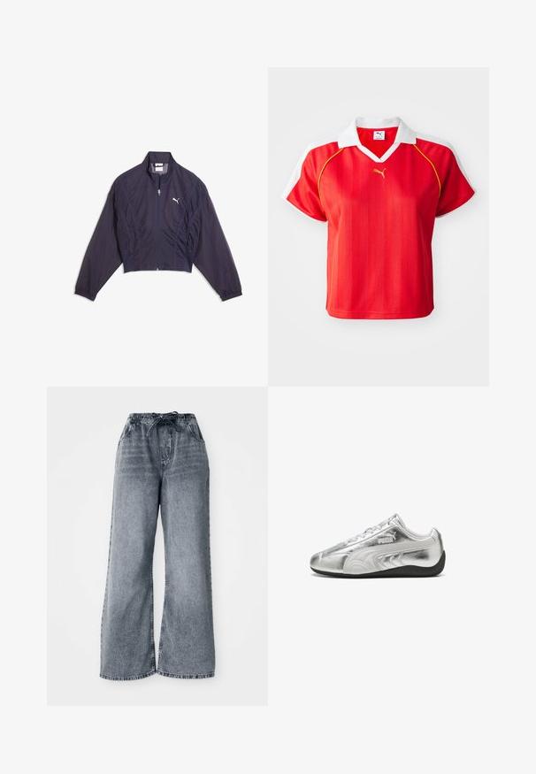 Marineblå cropped jakke lavet af letvægtsstof; har en stående krave, lynlås foran og ribbede manchetter med et lille logo.; Rød sporty polo-shirt med hvid krave og ærmer, prydet med lodrette striber og et lille guld-logo foran. Letvægtsmateriale.; Grå jeans med brede ben, elastisk talje, snøre lukning og sidelommer. Bleget tekstur over hele stoffet.; Sølvfarvede syntetiske sneakers med en glat tekstur og sort gummisål. Har logo, snørebånd og buede sideakcenter.