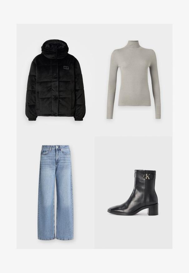 Schwarze Pufferjacke aus weichem, strukturiertem Stoff. Verfügt über einen hohen Kragen, Knopfverschluss und genähte Einsätze. Enthält Seitentaschen.; Hellgrauer, gerippter Rollkragenpullover mit langen Ärmeln. Weicher Stoff, figurnahe Passform, mit hohem Kragen und nahtlosem Finish.; Hellblaue Jeans mit weitem Bein, vorderen Taschen, Gürtelschlaufen, Knopfverschluss und verblassten Details an den Oberschenkeln.; Schwarze Leder-Ankle Boots mit spitzem Zehenbereich, Blockabsatz und einem Riemen mit einem metallischen Logodetail. Glatte Textur und minimales Design.