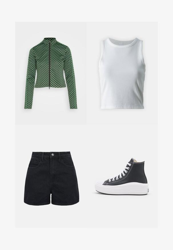 Weekday TAYLOR ZIP JACKET - Trainingsvest - green dark; Witte geribde tanktop met een ronde halslijn en mouwloos ontwerp, voorzien van een rechte zoom en een gladde, rekbare textuur.; Zwarte denim shorts met hoge taille, voorste knoopsluiting, riemlussen en twee voorzakken tegen een effen witte achtergrond.; Zwarte high-top sneaker met witte veters en rubberen zool. Heeft een gladde leren textuur en witte stiksels.