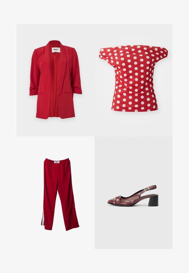 Blazer rouge en tissu lisse, avec col châle, manches trois-quarts et poches avant en accent. Design minimaliste.; Haut rouge à manches courtes avec un design décolleté, orné de pois blancs. Fabriqué dans un tissu lisse avec une coupe ajustée.; Pantalon de sport rouge avec taille élastique, présentant des fentes latérales et de légères plis. Le matériau semble lisse, avec une étiquette sur la ceinture.; Chaussure slingback en cuir bordeaux avec un bout arrondi, un design incurvé, des accents en métal argenté et un talon bloc. Finition texturée.