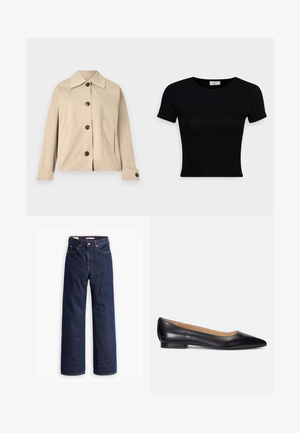 Veste beige en coton, dotée d'un col classique, de boutons à l'avant et de poches latérales ; texture lisse et design structuré.; T-shirt noir à manches courtes en coton lisse, avec un col rond et une coupe ajustée. Minimaliste, sans motifs visibles.; Jeans en denim droit bleu foncé avec cinq poches, surpiqûres orange et fermeture à boutons.; Ballerines en cuir noir avec un bout pointu, un petit talon et un accent doré sur le talon. Texture lisse avec une silhouette classique.