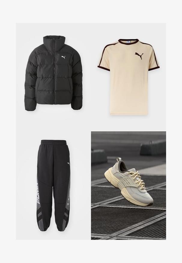 Čierna prešívaná bunda s vysokým golierom, so šitými panelmi a predným zipsom. Výrazné biele logo Puma na ľavej strane hrude.; Béžové tričko so krátkym rukávom od značky Puma, s tmavohnedým lemovaním na rukávoch a golieri a logom Puma na ľavej strane hrude.; Čierne jogger nohavice vyrobené z mäkkého materiálu. Majú elastický pás, zúžené nohy, sivé akcenty a biele logá po stranách.; Béžové sieťované tenisky s svetlošedými akcentmi, textúrovanou podrážkou a plochými šnúrkami, s polstrovaným golierom a tvarovanou gumovou podrážkou.
