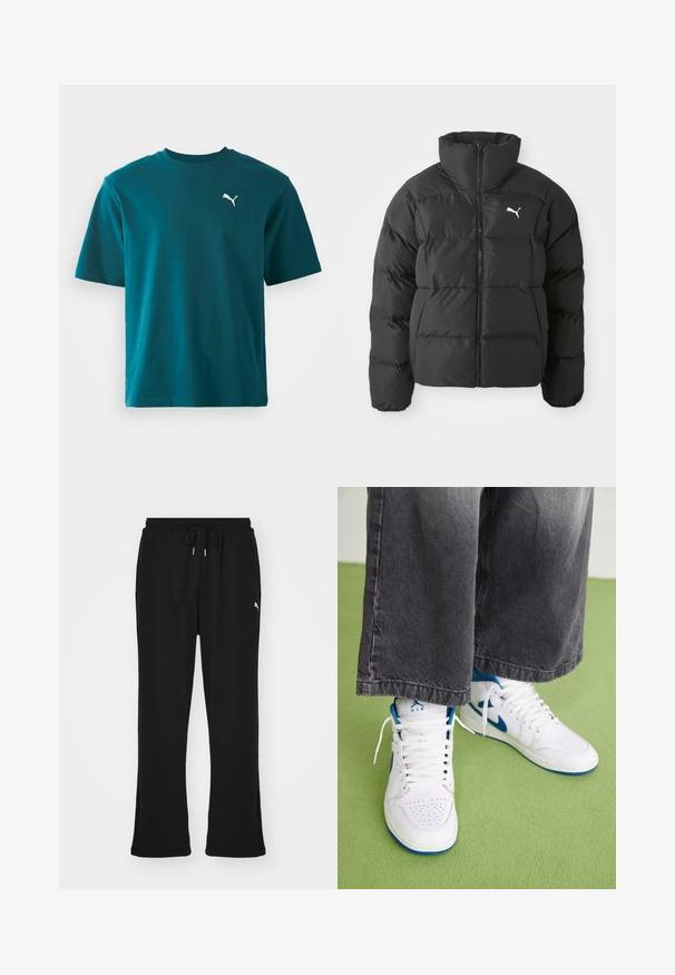 Sort pustjakke med høj krave, der har syede paneler og en frontlynlås. Bemærkelsesværdig hvid Puma-logo på venstre brystområde.; Teal bomulds t-shirt med korte ærmer, rund hals og et hvidt Puma-logo på venstre bryst; glat tekstur og regular fit.; Sorte sweatpants med elastisk talje og snor, med sidelommer og et diskret logo på venstre ben. Blødt stof, flagrende form.; Hvide højtop sneakers med blå accenter, perforeret tå boks og hvide snørebånd. Båret med løse grå denim bukser på en grøn overflade.