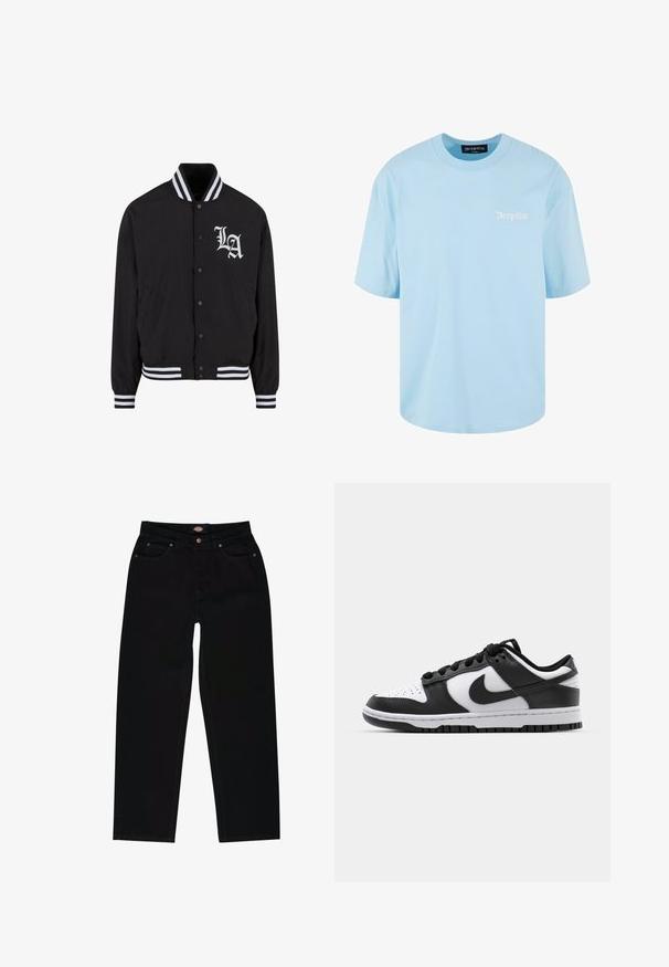 Chaqueta bomber negra con logo blanco de LA, cuello y puños a rayas, cierre de botones a presión, dos bolsillos laterales y textura de tela suave.; Camiseta de algodón azul claro con mangas cortas, un escote redondo y el logotipo bordado en blanco "Dropsize" en el pecho. Textura suave.; Vaqueros de mezclilla negra con corte recto, que cuentan con cinco bolsillos, costuras marrones y cierre de cremallera. Textura suave y material duradero.; Zapatillas Nike Dunk en blanco y negro con parte superior de cuero, puntera perforada, cordones negros y suela de goma negra con diseño de tracción.