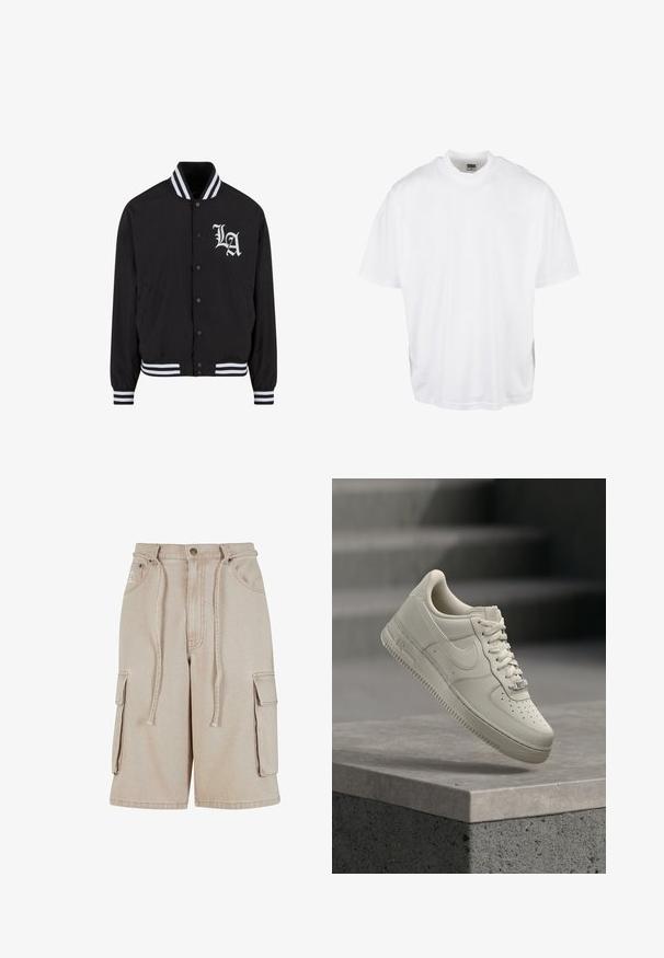 Chaqueta bomber negra con logo blanco de LA, cuello y puños a rayas, cierre de botones a presión, dos bolsillos laterales y textura de tela suave.; Camiseta de algodón blanca con un corte relajado, mangas cortas y cuello redondo, que presenta un dobladillo recto y sin gráficos ni patrones visibles.; Pantalones cortos cargo beige de algodón con cintura con cordón, dos bolsillos laterales y un bolsillo lateral adicional, que presentan detalles de costura visibles.; Una zapatilla beige con cordones flota sobre una superficie de hormigón gris, el logo de Nike es visible y el fondo de la escalera está desenfocado.