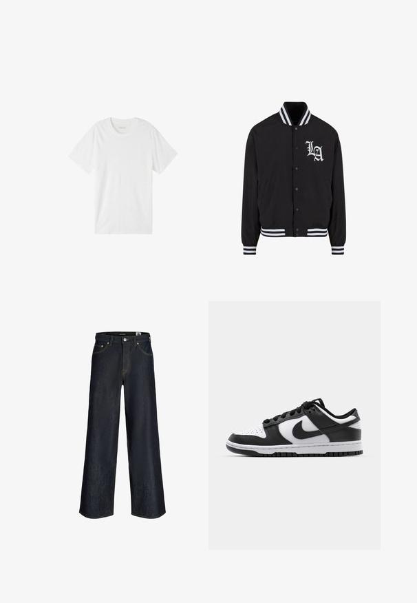Chaqueta bomber negra con logo blanco de LA, cuello y puños a rayas, cierre de botones a presión, dos bolsillos laterales y textura de tela suave.; Camiseta blanca de manga corta hecha de algodón suave. Presenta un cuello redondo clásico y un diseño simple y sin costuras, sin patrones ni acentos.; Jeans vaqueros de pierna ancha en azul oscuro con botón delantero, bolsillos y costuras naranjas visibles sobre fondo blanco.; Zapatillas Nike Dunk en blanco y negro con parte superior de cuero, puntera perforada, cordones negros y suela de goma negra con diseño de tracción.