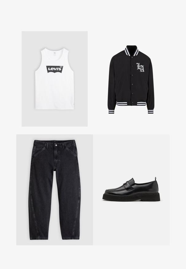 Chaqueta bomber negra con logo blanco de LA, cuello y puños a rayas, cierre de botones a presión, dos bolsillos laterales y textura de tela suave.; Camiseta sin mangas de algodón blanco con un logotipo negro de Levi's en el centro. Diseño simple con cuello redondo y sisas anchas.; Vaqueros de mezclilla negra con un corte holgado, con cinturilla estándar, diseño de cinco bolsillos y costuras en contraste a lo largo de las costuras.; Zapatos estilo mocasín de cuero negro con suela plana y texturizada, con puntera cosida y una correa a lo largo del empeine.
