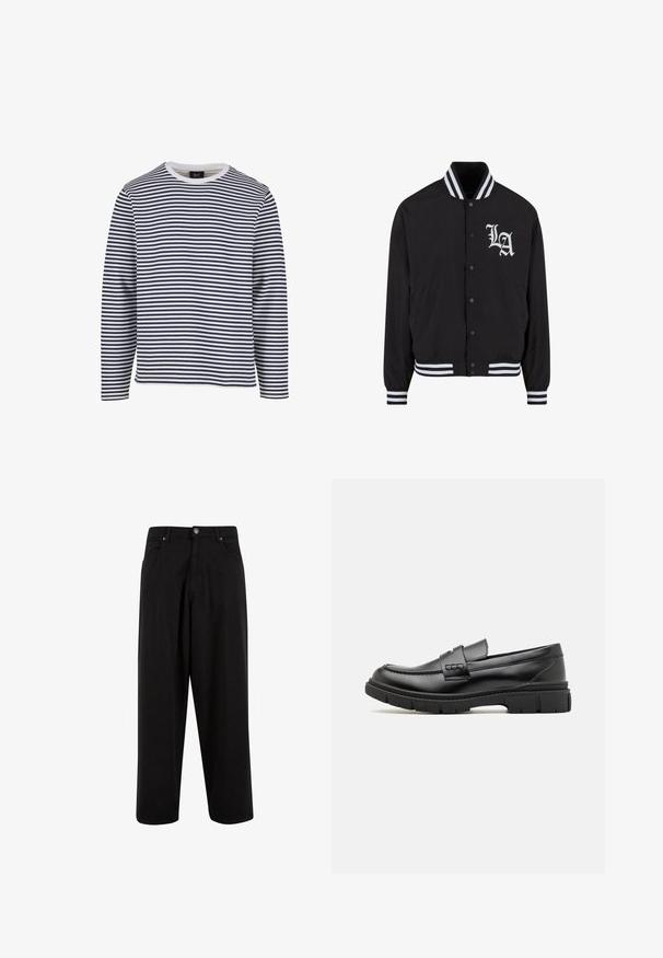 Chaqueta bomber negra con logo blanco de LA, cuello y puños a rayas, cierre de botones a presión, dos bolsillos laterales y textura de tela suave.; Camisa de manga larga con rayas horizontales en azul marino y blanco, cuello redondo, material de algodón y corte relajado.; Pantalones de pierna ancha negros, fabricados en algodón, con cierre de botón, bolsillos delanteros y una textura suave sin patrones ni adornos.; Mocasin de cuero negro con una cinta ancha en el empeine, suela de goma con tacos gruesos y textura suave. Diseño clásico y elegante.