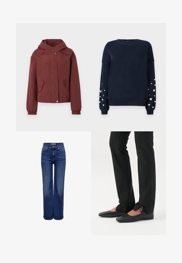 Vinrød hættejakke med frontlynlås og trykknaplukning, to forlommer med klap og trykknapper samt elastiske manchetter.; Marineblå sweatshirt med lange ærmer, der har spredte sølvfarvede hjerter på ærmerne, ribbede manchetter og rund halsudskæring.; Jeans med høj talje og vide ben i mørkeblå denim, med knaplukning, fem lommer og kontrastsyninger.; Ben iført sorte smalle bukser med forreste slidser ved kanten, parret med sorte flade Mary Jane-sko med lille spænde.