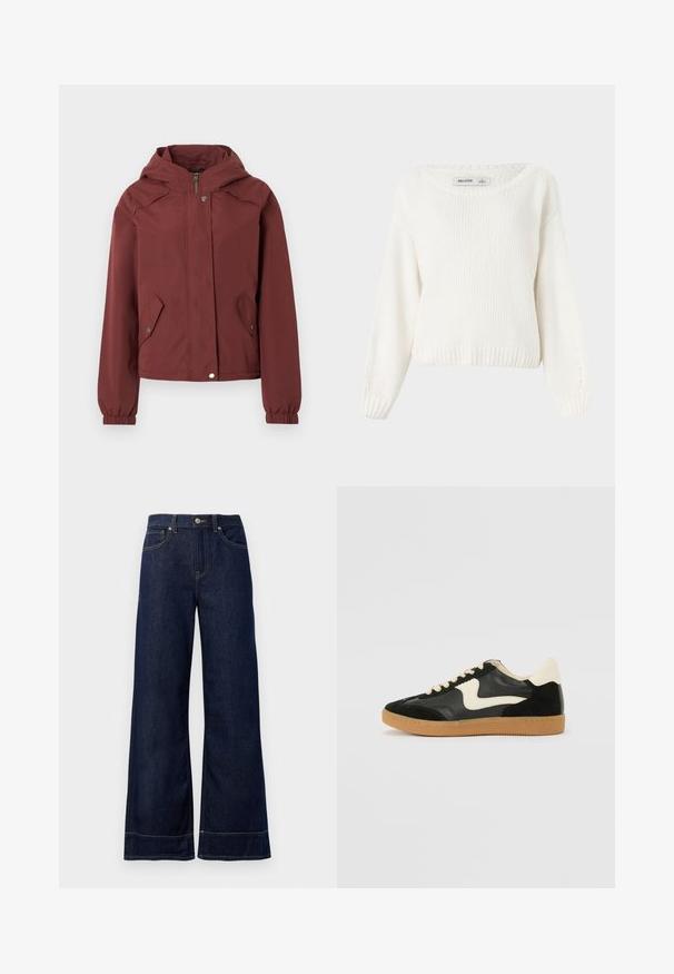 Veste à capuche marron avec fermeture éclair avant et boutons-pression, deux poches à rabat à l'avant avec boutons-pression, et poignets élastiques.; Pull long à manches longues tricoté en blanc avec un col rond et des poignets et un ourlet côtelés, présenté sur un fond uni.; Jean large bleu foncé en denim. Caractéristiques : fermeture par bouton, détails de couture et poches latérales. Ourlet évasé en bas.; Baskets en daim et cuir noir avec un swoosh latéral crème et un talon crème clair. Dotées de lacets beige et d'une semelle en caoutchouc gomme.