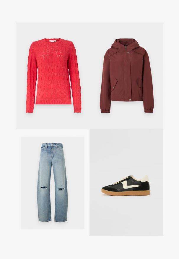 Veste à capuche marron avec fermeture éclair avant et boutons-pression, deux poches à rabat à l'avant avec boutons-pression, et poignets élastiques.; Pull en maille rouge à manches longues avec col rond et motif ajouré oval texturé sur toute la surface.; Jean droit en denim bleu clair avec des déchirures usées sur les deux genoux, poches avant, passants de ceinture et fermeture par bouton.; Baskets en daim et cuir noir avec un swoosh latéral crème et un talon crème clair. Dotées de lacets beige et d'une semelle en caoutchouc gomme.