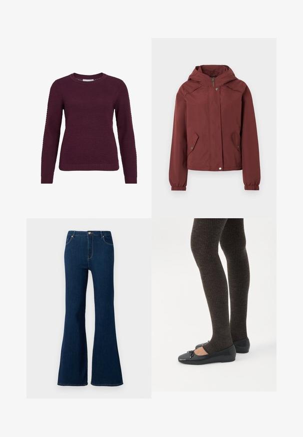 Vinrød hættejakke med frontlynlås og trykknaplukning, to forlommer med klap og trykknapper samt elastiske manchetter.; Bordeaux pullover sweater med et struktureret, honningkagesmønster, rund hals, lange ærmer og ribbede manchetter og kant.; Mørkeblå jeans med udvidet ben, lavet af denim. Funktioner inkluderer frontlukning med knap, femlommeredesign og syede detaljer på lommerne.; Ben iført mørke ribbede leggings kombineret med sorte balletsko med små sløjfedetaljer på hvid baggrund.