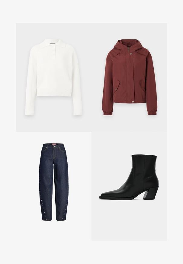 Veste à capuche marron avec fermeture éclair avant et boutons-pression, deux poches à rabat à l'avant avec boutons-pression, et poignets élastiques.; Pull en maille côtelée blanc à manches longues avec col et patte de boutonnage à trois boutons, présentant un design court et une texture douce.; Jean en denim bleu foncé à jambes larges, taille haute, fermeture avant par boutons et fermeture éclair, avec des clous argentés le long des coutures extérieures.; Bottine en cuir noir avec un bout pointu, une silhouette élégante et un talon carré massif. Texture lisse avec des détails de couture minimalistes.