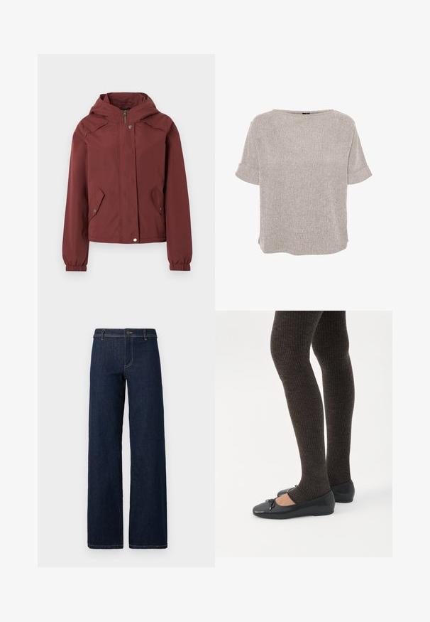 Veste à capuche marron avec fermeture éclair avant et boutons-pression, deux poches à rabat à l'avant avec boutons-pression, et poignets élastiques.; Blouse texturée gris clair à manches courtes, col rond et poignets repliés, coupe ample.; Jean large en denim de couleur bleu foncé avec un design classique à cinq poches, présenté avec des coutures dorées et une fermeture à bouton à la taille.; Jambes portant des leggings côtelés foncés associés à des ballerines noires avec de petits détails en nœud sur fond blanc.