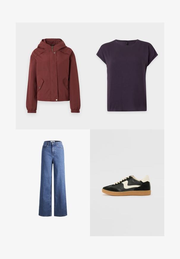 Bordeauxrote Kapuzenjacke mit vorderem Reißverschluss und Druckknopfverschluss, zwei vorderen Klappentaschen mit Druckknöpfen und elastischen Bündchen.; Dunkellila T-Shirt mit kurzen Ärmeln, umgeschlagenen Ärmeln und rundem Ausschnitt, dargestellt auf einem einfachen hellen Hintergrund.; Helleblaue Denim-Weite-Leg-Jeans mit hoher Taille, zwei vorderen Taschen und sichtbarer Naht. Mit Knopf- und Reißverschluss.; Schwarze Wildleder- und Leder-Sneaker mit einem cremefarbenen Seiten-Swoosh und einer hellcremefarbenen Ferse. Ausgestattet mit beige Schnürsenkeln und einer Gummilaufsohle.