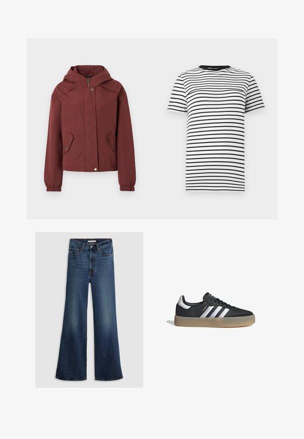 Chaqueta con capucha color granate con cierre frontal de cremallera y botones a presión, dos bolsillos delanteros con solapas y botones a presión, y puños elásticos.; Camiseta de rayas en blanco y negro hecha de tejido suave. Presenta un cuello redondo y mangas cortas, con rayas horizontales de separación uniforme.; Jeans de pierna ancha en denim azul oscuro, con una cintura alta, diseño de cinco bolsillos y costuras en contraste a lo largo de las costuras y la cinturilla.; Zapatilla deportiva de cuero negro con tres rayas plateadas, punta texturizada y suela de goma. Cuenta con un collar acolchado y un diseño con cordones.