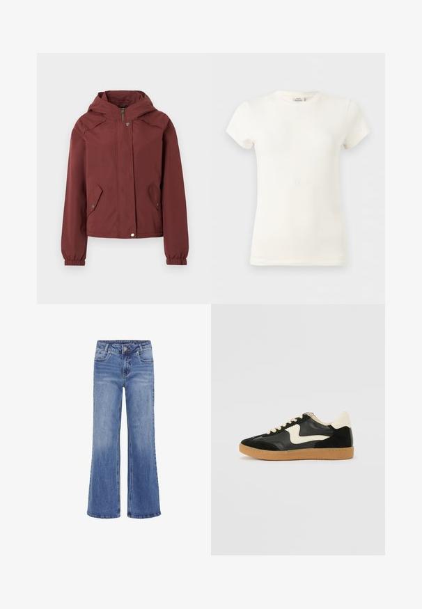 Vinrød hættejakke med frontlynlås og trykknaplukning, to forlommer med klap og trykknapper samt elastiske manchetter.; Almindelig hvid kortærmet rundhalset bomulds-T-shirt vist på en lysegrå baggrund.; My Essential Wardrobe MWLOUIS HIGH WIDE - Jeans Straight Leg - medium blue wash; Sorte ruskinds- og lædersneakers med en cremefarvet side-swoosh og lys cremefarvet hæl. Har beige snørebånd og en gummirubber-sål.